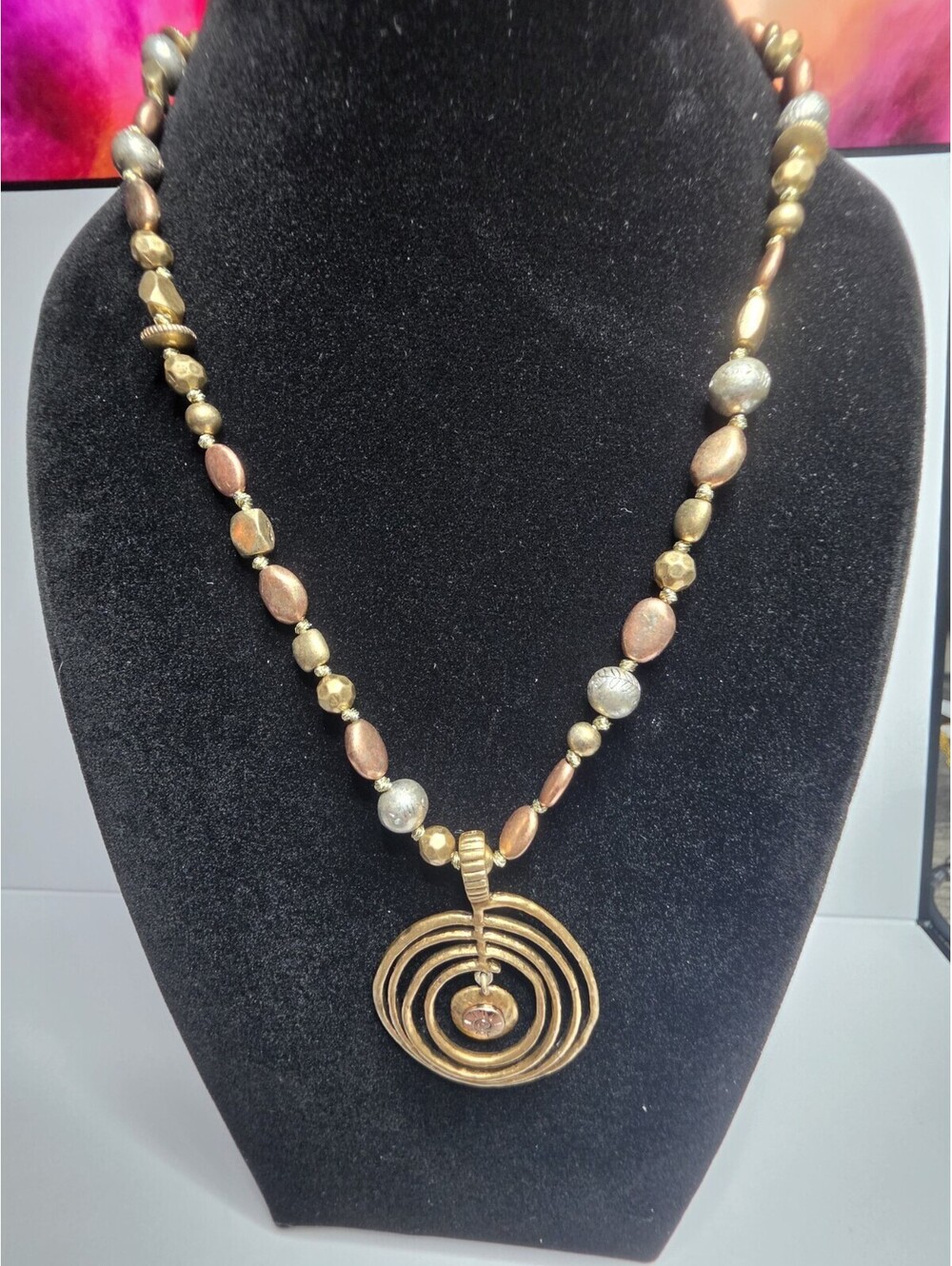 Vintage Sigrid Olsen Mixed Metal Necklace Concentric Pendant Beaded Boho 19"